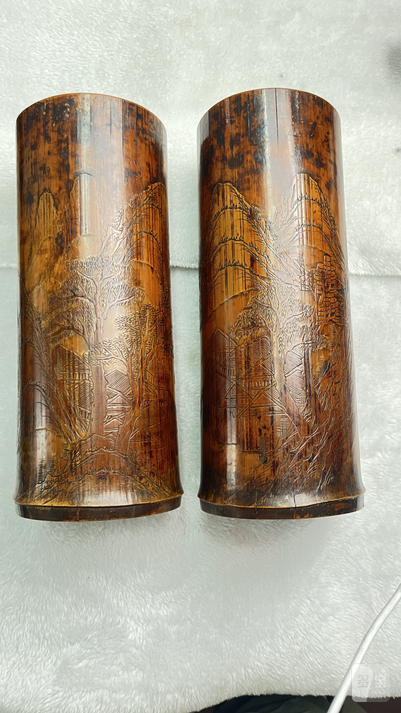 竹刻山水人物帽筒一对 - 图2